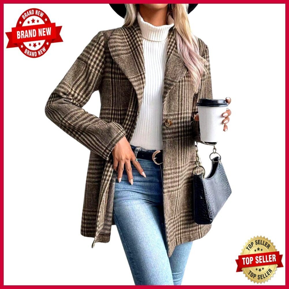 Wool Blend Plaid Blazer Coat Shawl Collar Vintage Style Office Wear